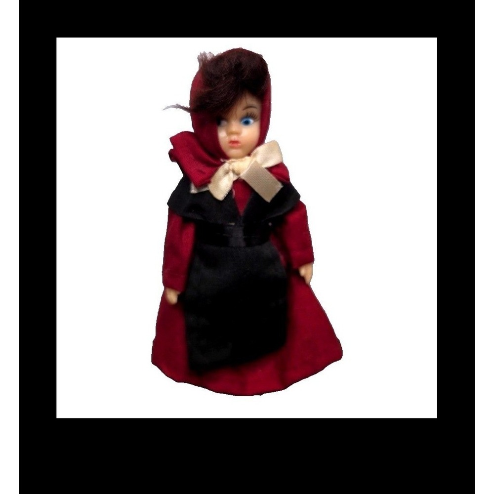 Vintage Miniature Souvenir Doll 5"‎ Burgundy Folk Amish girl doll Cape Blue Eyes